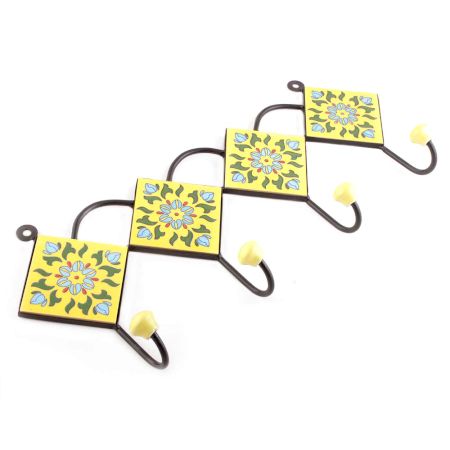 Yellow And Turquoise Tiny Floral Ceramic Tiles Hooks